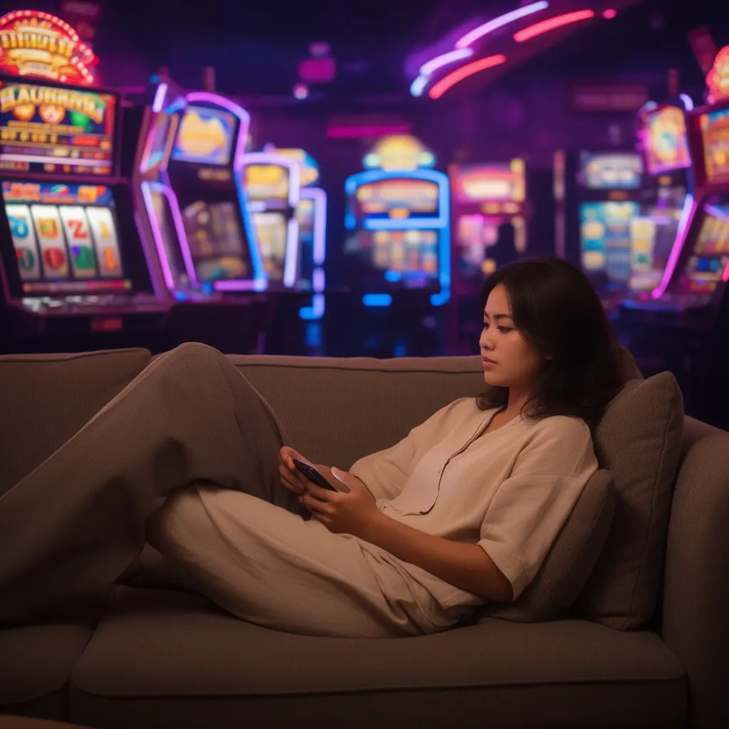 Confident Malaysian woman using the JOM99 casino app on her phone while relaxing in a modern lounge with colorful slot machines behind her