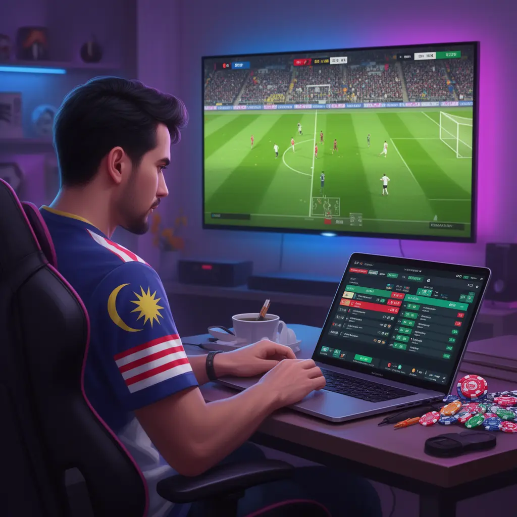 Focused Malaysian sports bettor analyzing live football odds on a laptop with stadium style visuals using JOM99 online betting platform